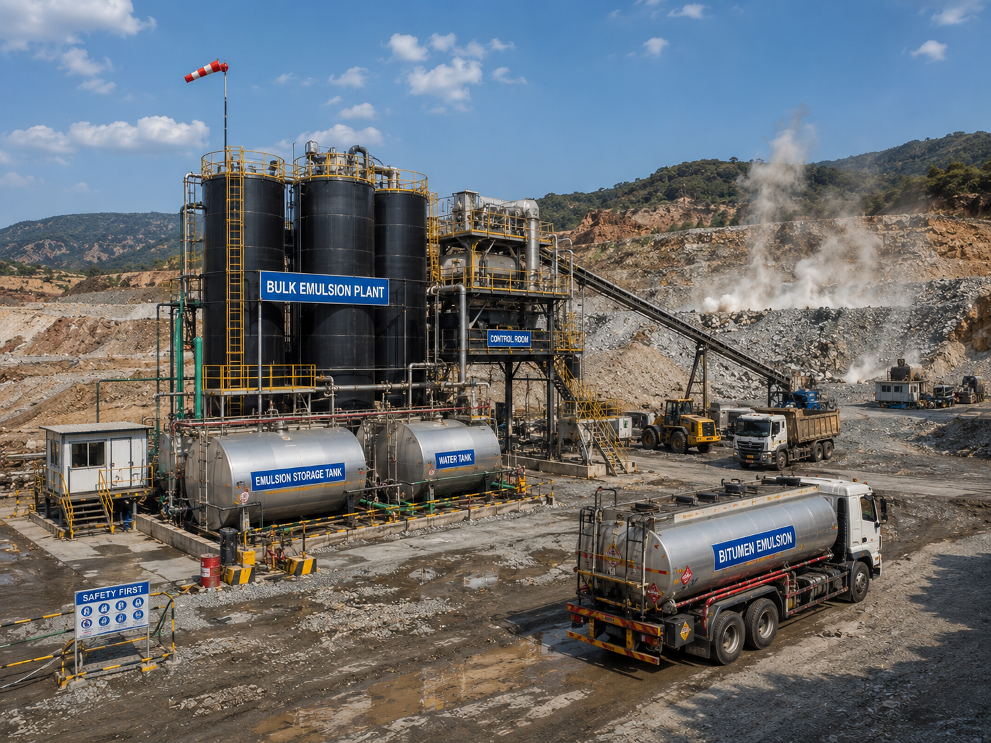 Bulk explosive emulsion handling and manufacturing