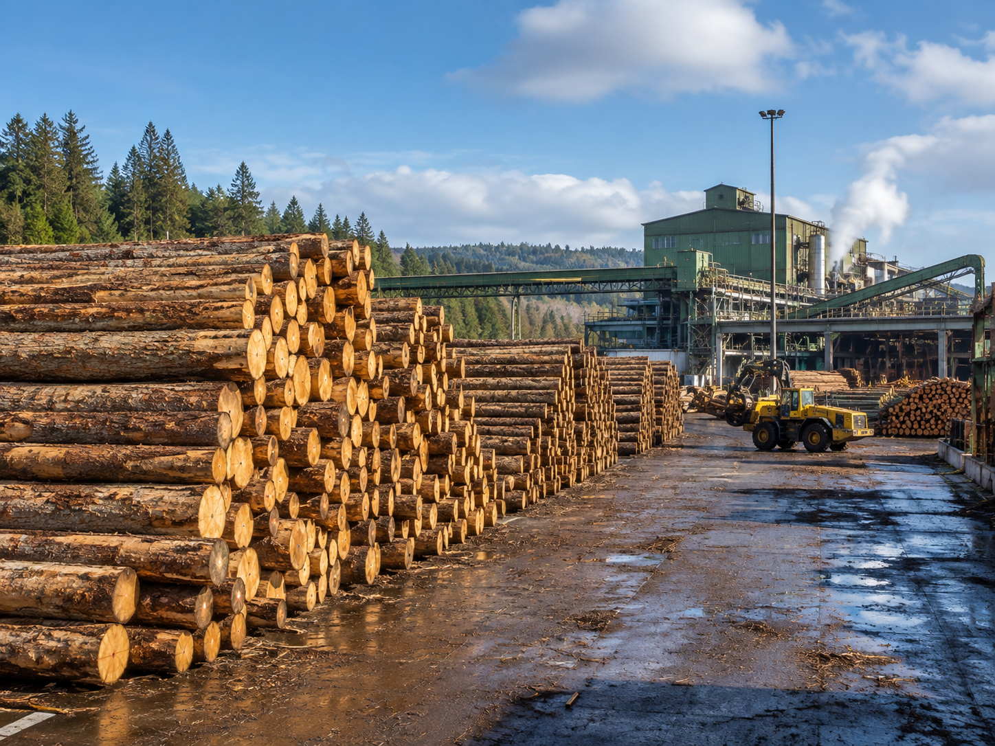 Timber processing at a sawmill and panel production plant